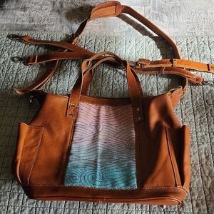 Women’s Tan Leather Tote Bag with Multicolor Panel